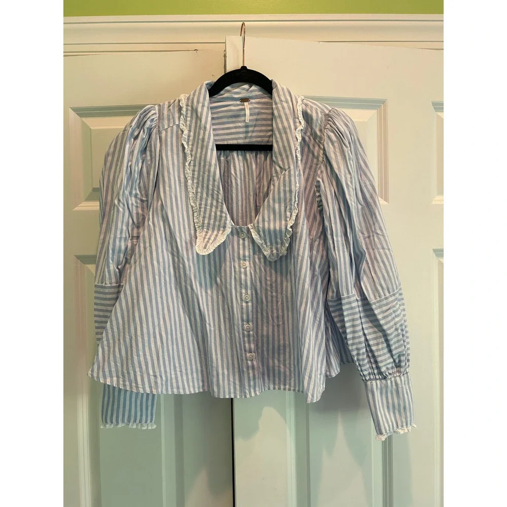 Free People Happy Days Pullover Blouse Striped‎ Oversized Collar Blue Size S
